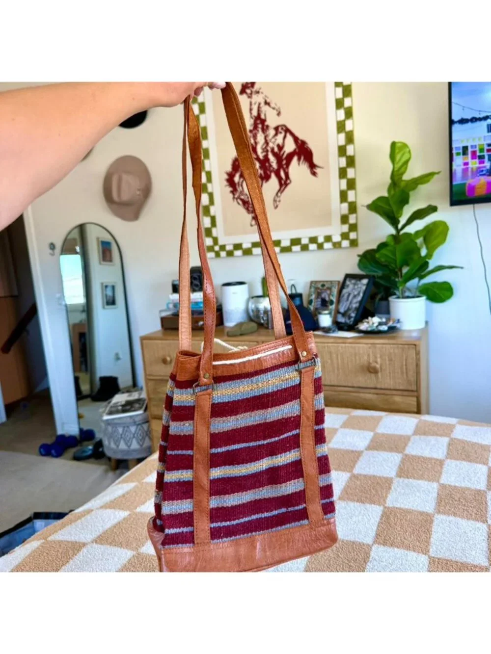 AMERICAN VINTAGE HANDMADE BOHO BAG SHOULDER PURSE RED BROWN - Picture 3 of 6